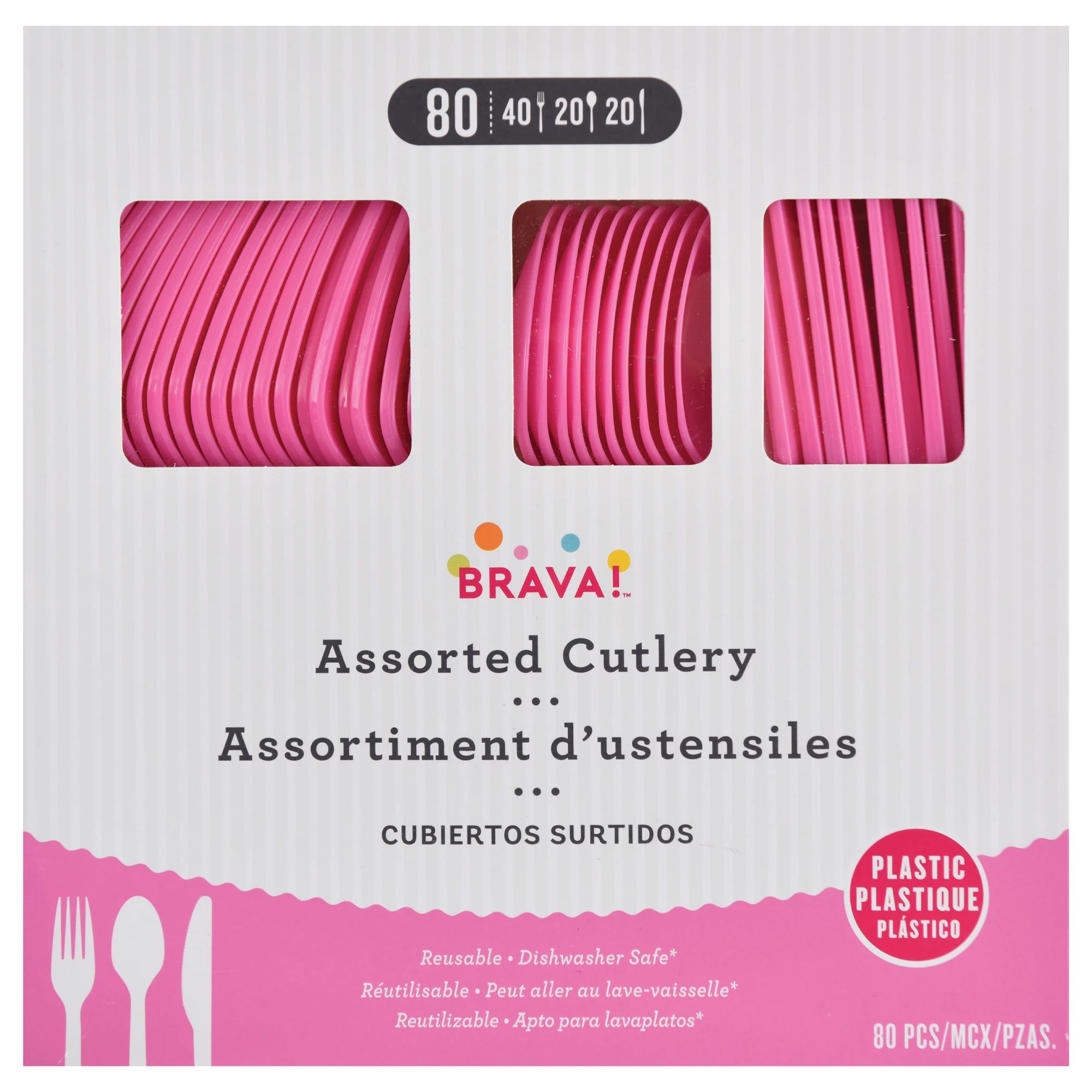 Reusable Plastic Cutlery Assortment - Bright Pink 80ct